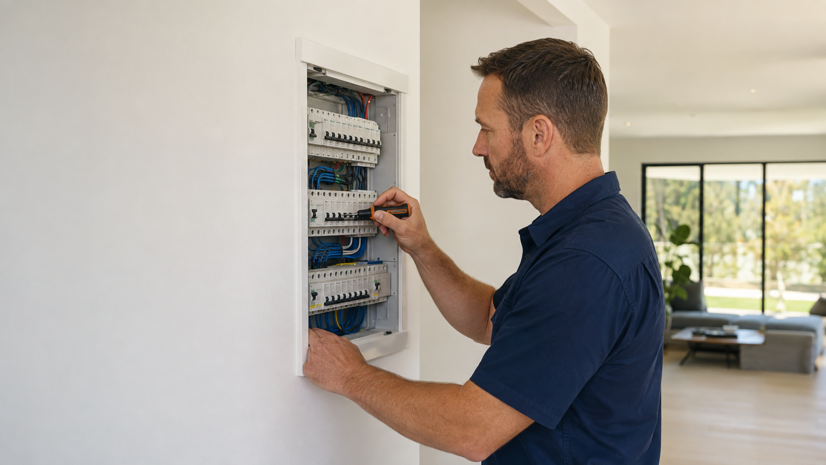 Electrician checking a modern home electrical installation