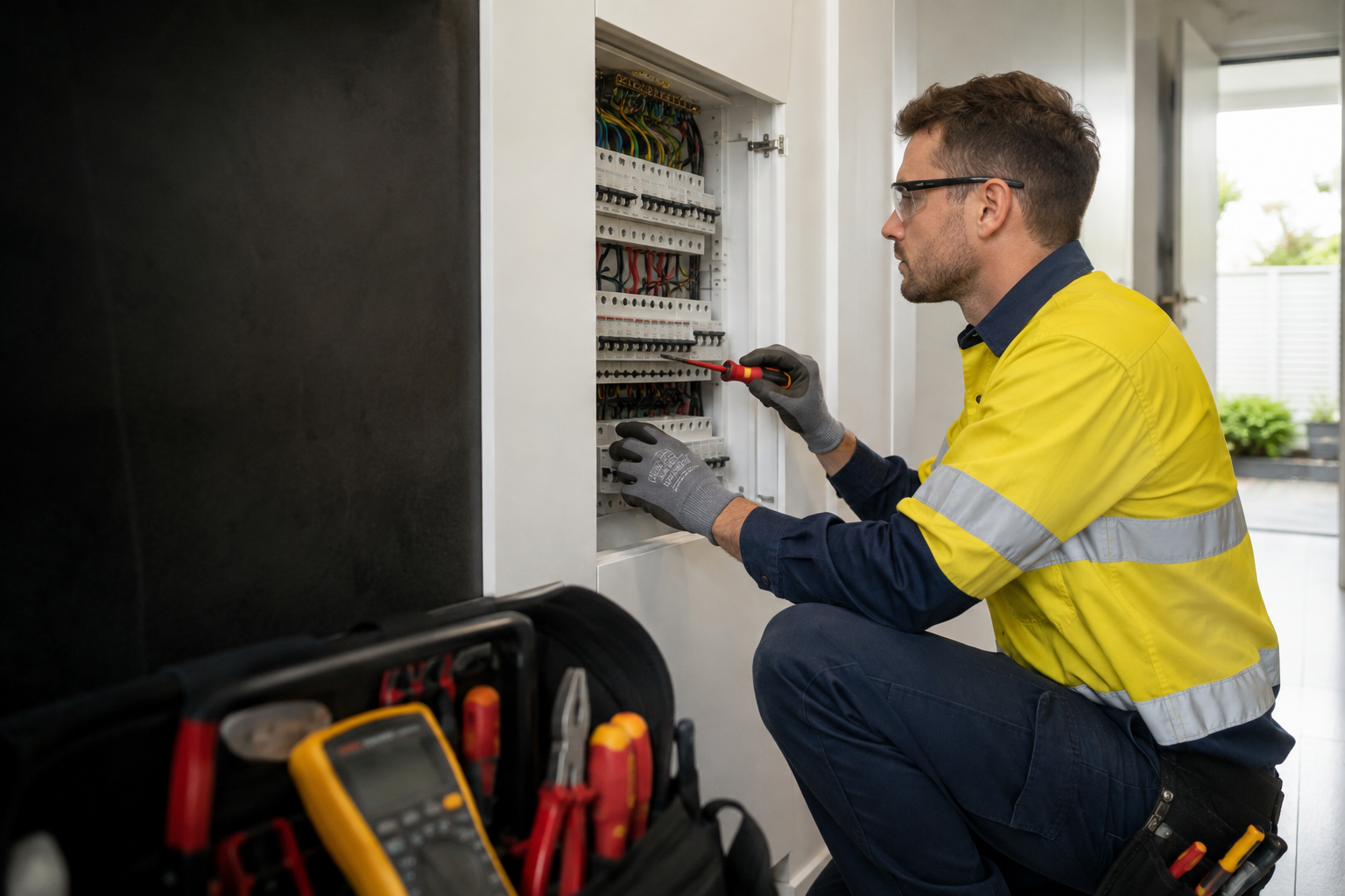 Electrician inspecting a residential switchboard